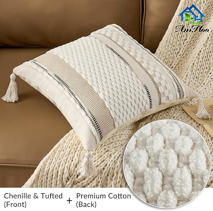 AmHoo Chenille Striped Textured Boho Throw Pillow Covers Aesthetic with Tassels Woven Decorative Pillow Case for Couch Bed Sofa Bedroom Modern Funky 18 x 18-Inch White