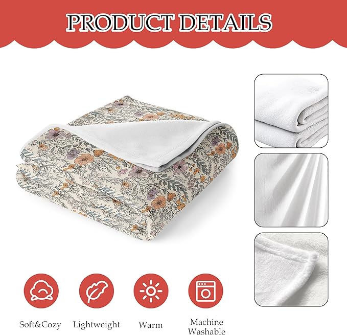 Vintage Floral Blanket - Wildflower Throw Blanket, for Couch & Bed, 50x60 Inches