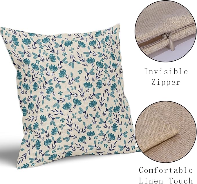 Navy Blue Teal Floral Pillow Covers 18x18 Set of 2 Vintage Rustic Old Style Cute Small Flower Print Decorative Outdoor Pillowcases Farmhouse Throw Cushion Case Decor for Couch Sofa Bed