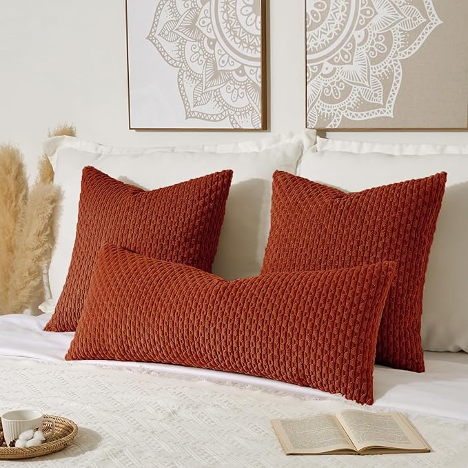 Kevin Textile 20x54 Inch Long Body Lumbar 1 Pack Boho Decorative Throw Pillow Cover Soft Striped Corduroy Rectangle Cushion Case Farmhouse Accent for Living Room Couch Sofa Bed, Burnt Brick