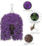 HyeFlora Artificial Faux Hanging Flowers Plants Basket for Outdoor Outside Porch Decoration, UV Resistant Fake Silk Purple Morning Glory Trailing Vines Realistic for Summer Home Balcony Yard Patio