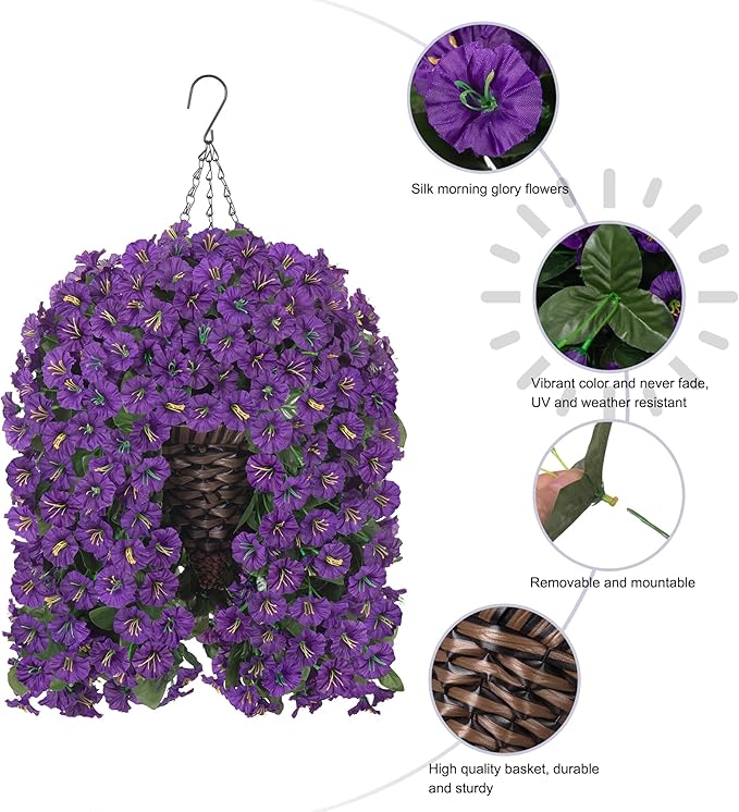 Artificial Fake Flowers Plants Hanging Baskets Outdoor Outside Spring Decor, Faux Silk Purple UV Resistant Look Real Morning Glory Home Patio Porch Balcony Decoration