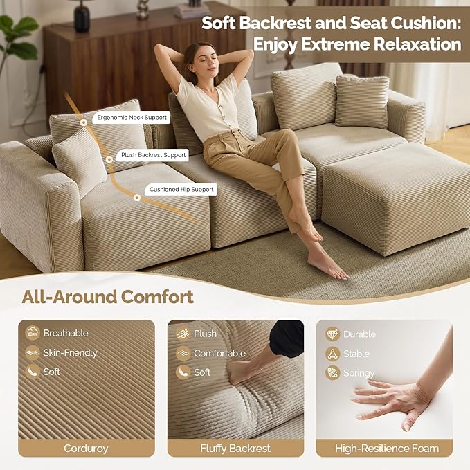 VINGLI 112.2“ Convertible Corduroy Cloud Sectional Couches with Movable Ottoman, L-Shaped Boneless Couches for Living Room with Deep Seat, 3 Seater Modular Spineless Sofa, No Assembly Required, Khaki