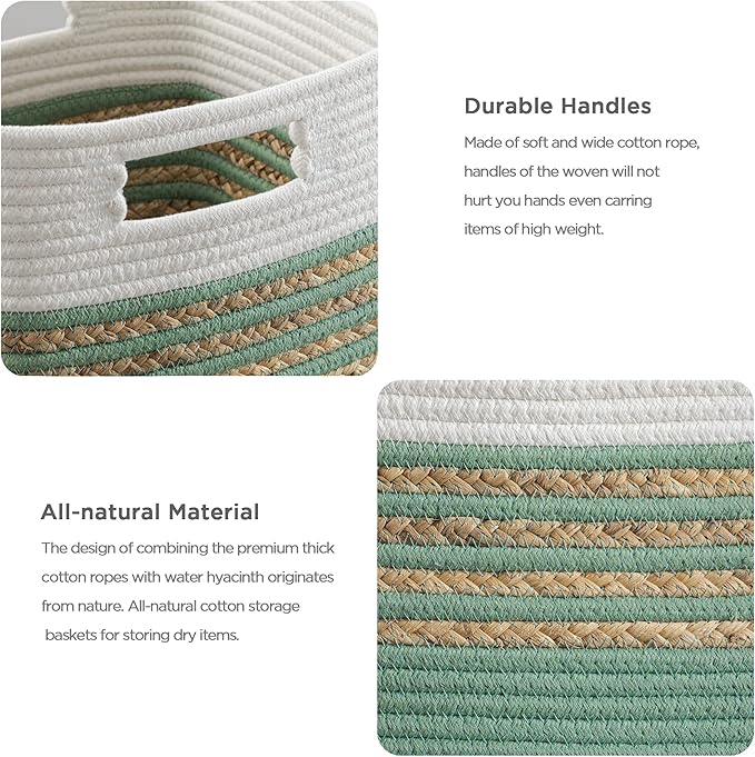 UBBCARE Set of 4 Storage Cubes 11 X 10.5 X 10.5 in, Water Hyacinth Storage Bins for Shelves, Toys, Books, Organizing Baskets with Handles, Cotton Rope Woven Baskets, Green
