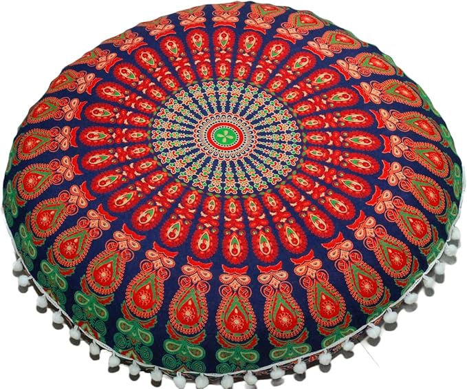 CRAFT KALA Round Mandala Boho Pillow Cover Meditation India Room Seating Poufs Cover for Living Room Yoga Home Décor Bedroom Balcony Garden Decoration Cotton Floor Cushion Cover (32", Multi Mirchi)