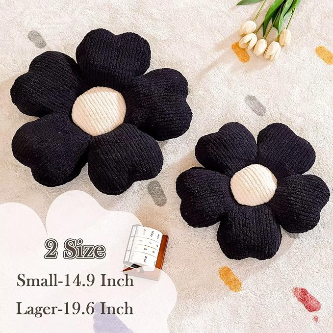 Flower Throw Pillow, Cute Flower Shaped Pillow Decorative Throw Pillow for Bed Couch, Soft Daisy Pillows Floor Seating Cushion Cushions (19.6 Inch Black)