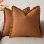 Foindtower Set of 2 Decorative Linen Fringe Throw Pillow Covers Cozy Boho Farmhouse Cushion Cover with Tassels Soft Accent Pillowcase for Couch Sofa Bed Living Room Home Decor, 26×26 Inch, Orange