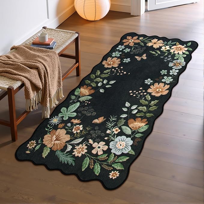 Lahome Floral Entryway Rug, 2x4 Washable Kitchen Rug Ultra-Thin, Non-Slip Soft Door Mat Indoor Entrance Stain Resistant Boho Small Flore Throw Carpet for Bathroom Bedroom (2x4ft,Black/Grey)