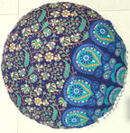 CRAFT KALA Mandala Floor Pillow Cushion Cover Seating Throw Cover Hippie Decorative Bohemian Ottoman Poufs Pom Pom Pillow Cases Boho Indian Cotton Living Room Home Décor 24" Round Set Of 2 Blue Mirchi