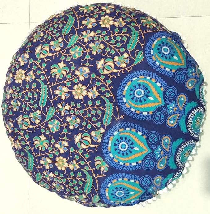 CRAFT KALA Mandala Floor Pillow Cushion Cover Seating Throw Cover Hippie Decorative Bohemian Ottoman Poufs Pom Pom Pillow Cases Boho Indian Cotton Living Room Home Décor 24" Round Set Of 2 Blue Mirchi