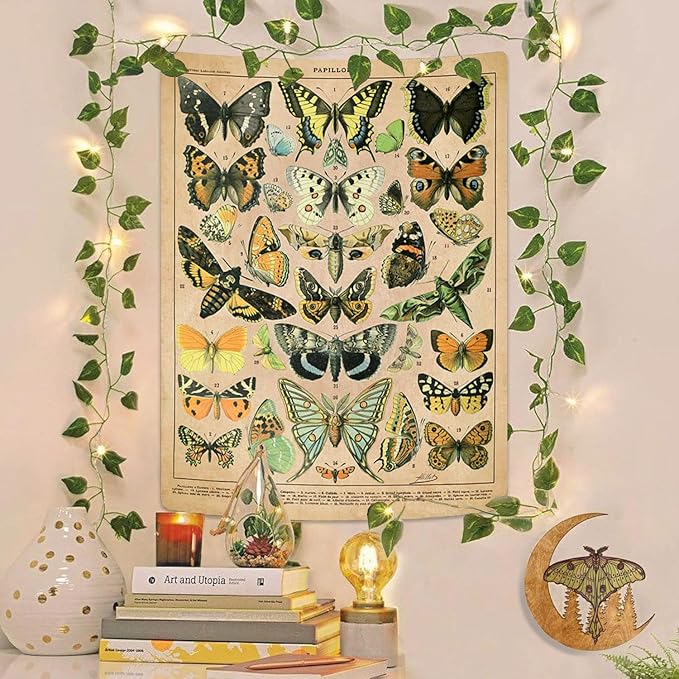 Vintage Butterfly Tapestry 48” x 36”, Long Vertical Wall Hanging Reference Illustrative Papillons Tapestries for Bedroom Aesthetic Butterfly Tapistry Cute Vertical Tapestry Wall Hanging Bedroom Decor