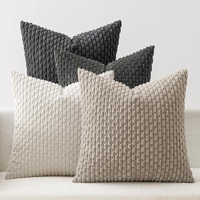 MIULEE Neutral Grey Decorative Throw Pillow Covers for Couch Bed Living Room 18x18 Inch Set of 4 Modern Western Striped Cushion Covers Soft Corduroy Pillowcases Industrial Home Decor Gradient Series