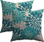 Teal Grey Gray Pillow Covers 18X18 Inch Set of 2, Spring Modern Geometry Dahlia Floral Print Decorative Throw Pillow Covers Outdoor Farmhouse Cushion Case for Couch Sofa Bed Decor