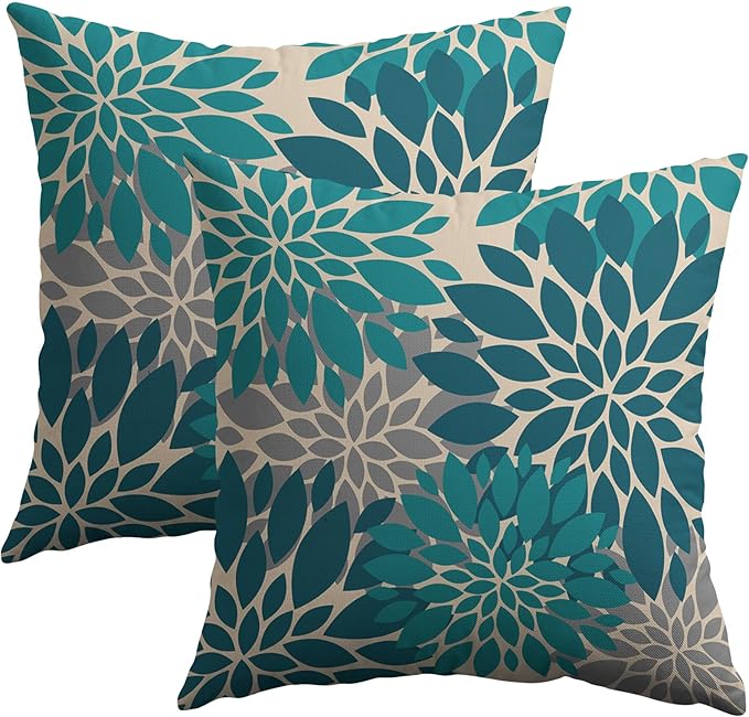 Teal Grey Gray Pillow Covers 18X18 Inch Set of 2, Spring Modern Geometry Dahlia Floral Print Decorative Throw Pillow Covers Outdoor Farmhouse Cushion Case for Couch Sofa Bed Decor