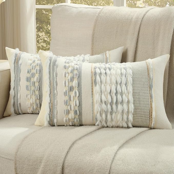 FUTEI White Grey Blue Accent Throw Pillow Covers Set of 2, 12x20 Inch Plush Tufted Striped Textured Decorative Pillow Cases for Farmhouse Boho Couch Decor