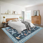 Washable Rug 5x7 Area Rugs for Living Room, Mushroom Insect Rug for Bedroom, 5x7 Rug Non Slip Throw Rugs with Rubber Back, Low Pile Stain Resistant Modern Carpet for Dining Room Dorm,Blue