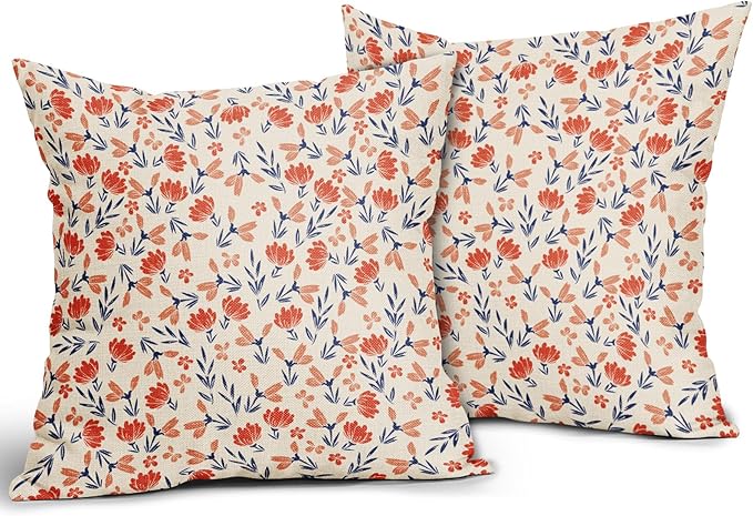 Blue Orange Pillow Covers 22x22 Set of 2 Vintage Floral Rustic Old Style Cute Flower Print Decorative Outdoor Pillowcases Seasonal Farmhouse Throw Cushion Case Decor for Couch Sofa Bed