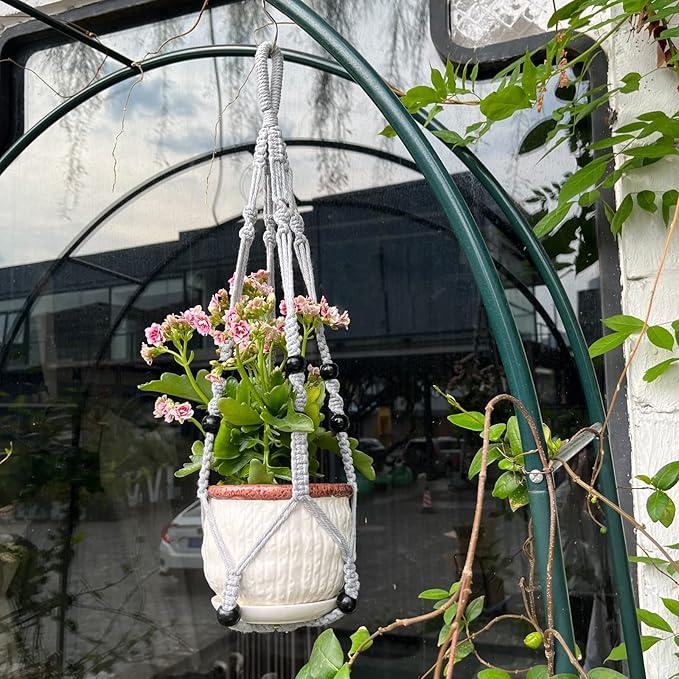 Macrame Plant Hanger for 5 to 10 Inch Plant Pots, Set of 2 Indoor Handmade 35 Inch Woven Rope Hanger Kits with Hooks and Wood Beads, Hanging Planter Basket Holder for Boho Home Decor (Grey, 2 Pack)