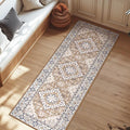 Lessymo Runner Rug for Hallway, Machine Washable Area Rugs Boho Faux Wool Low Pile Area Rug for Bedroom, Floral Medallion Vintage Rugs with Non-Slip Rubber, Brown Beige