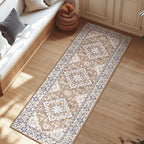 Lessymo Runner Rug for Hallway, Machine Washable Area Rugs Boho Faux Wool Low Pile Area Rug for Bedroom, Floral Medallion Vintage Rugs with Non-Slip Rubber, Brown Beige
