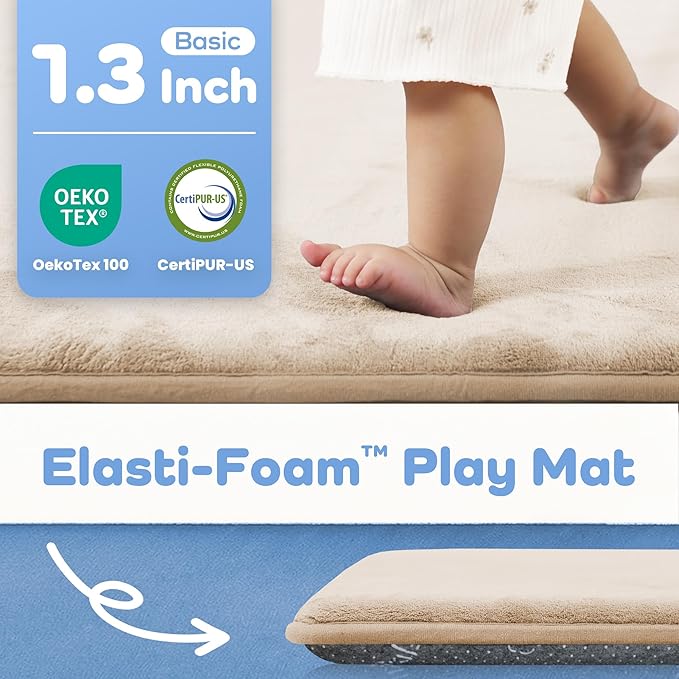 1.3" Thick Baby Floor Play Mat 59x79, Basic Padded Foam Mat for Tummy Time Crawling, Non Slip Cushioned for Babies Toddlers Infants Kids (Beige)
