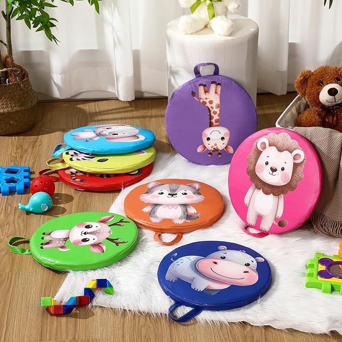 8 Pcs Kids Floor Cushions for Classroom Flexible Round Seating with Handle Soft Waterproof Floor Pillows with Cute Cartoon Animal Pattern for Elementary Daycare Preschool(Jungle Animals)