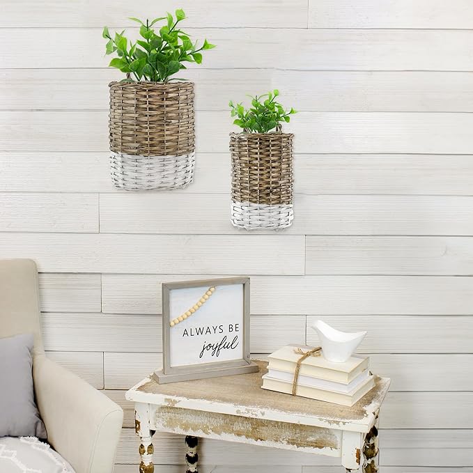 AuldHome Design Wall Hanging Baskets (Set of 2, Gray w/White); Woven WIcker Rustic Farmhouse Two-Tone Door Baskets, Small and Medium Size