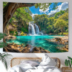 Zussun Nature Forest Tree Tapestry Flowing Waterfall Green Jungle Tapestry for Bedroom Aesthetic Teal Lake Landscape Large Tapestries Wall Hanging for Dorm Living Room Decor 90 x 68 Inch