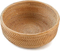 HITOMEN Handmade Rattan Bread Baskets Round Wicker Fruit Serving Storage Bowls, Natural Woven Decorative Kitchen Counter Organizing (Honey Brown) M-9.2"