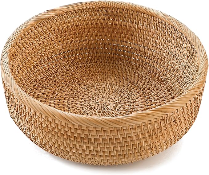 HITOMEN Handmade Rattan Bread Baskets Round Wicker Fruit Serving Storage Bowls, Natural Woven Decorative Kitchen Counter Organizing (Honey Brown) M-9.2"