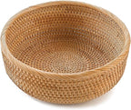 HITOMEN Handmade Rattan Bread Baskets Round Wicker Fruit Serving Storage Bowls, Natural Woven Decorative Kitchen Counter Organizing (Honey Brown) L-10.3"