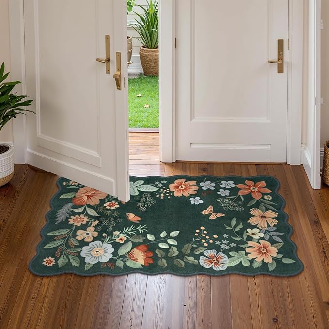 Lahome Floral Green Rugs for Entryway, 2X3 Washable Kitchen Rugs Non Slip Soft Rug, Ultra-Thin Indoor Door Mat Boho Small Throw Carpet for Bathroom Bedroom Flore (2x3ft, Dark Green)