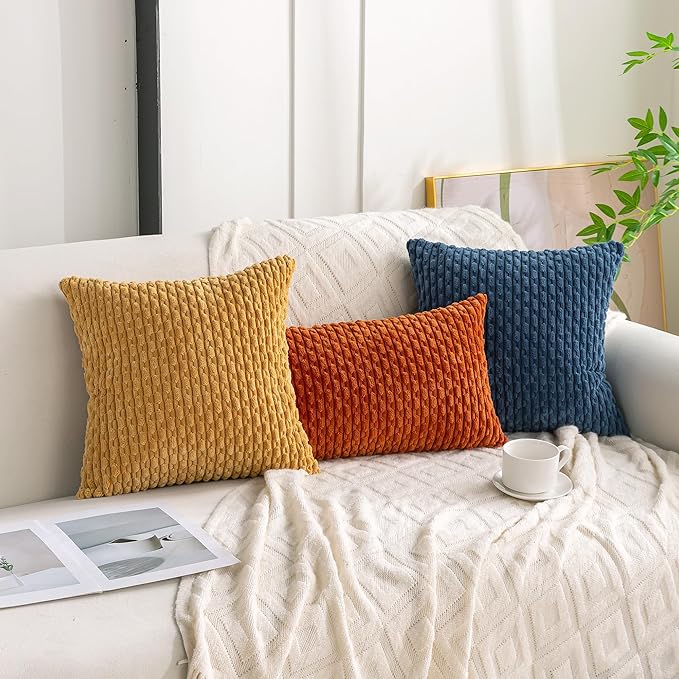 Set of 4 Blue Decorative Throw Pillow Covers 22x22 Inch Corduroy Pillow Covers for Bed Couch Sofa Living Room Soft Square Cushion Cases