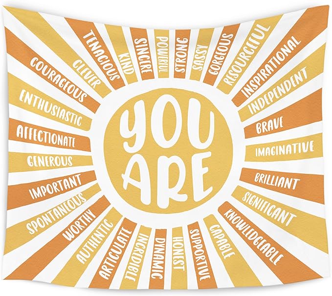 WARDOS Boho Sunshine Tapestry, You Are Inspirational Tapestry Wall Hanging, Colorful Boho Sun Positive Affirmation Wall Blanket Decor for Kids Room Nursery Playroom Classroom, 50x60 Inch (yellow)
