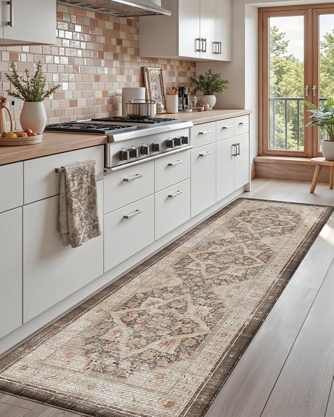 DEXI Kitchen Floor Mats Anti Fatigue, 23x86 Large Long Cushioned Vintage Runner Rug Waterproof, Standing Comfort Memory Foam Padded for Front Sink Laundry Office, Beige and Brown