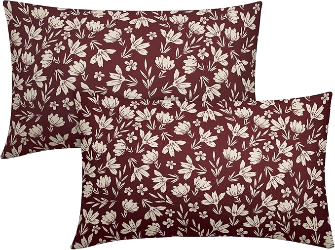 Burgundy Pillow Covers 12x20 Set of 2 Vintage Floral Rustic Old Style Cute Flower Print Rectangle Decorative Outdoor Pillowcases Seasonal Farmhouse Throw Cushion Case Couch Sofa Bed Decor