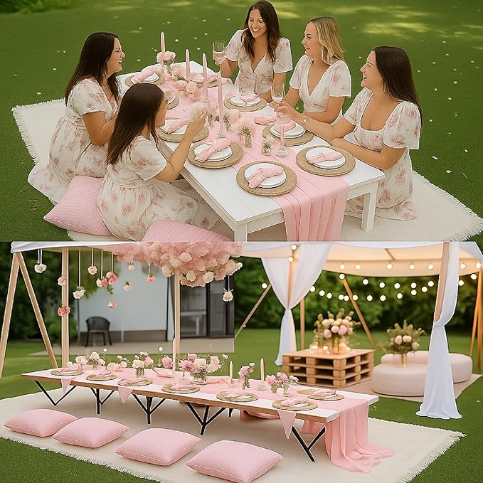 91 x 71 Extra Large Outdoor Boho Picnic Blanket with Pink Table Runner, 6 Throw Pillow Covers 6 Napkins Woven Cotton Yarn Oversize Beach Blanket Washable Picnic Camp Wedding
