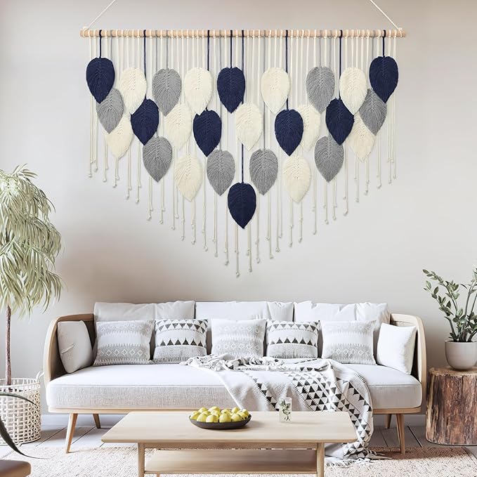 Weldomcor Large Macrame Wall Hanging Leaf Boho Woven Tapestry, Bohemian Chic Wall Hanging Feather Handmade Wall Art Home Decor for Bedroom Living Room Apartment Nursery Office Decoration 51.5"Wx33.5"L