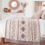 CASAAGUSTO Boho Throw Blanket - Beige and Gray Decorative Blankets with Tassel, Printed Flannel Bohemian Blanket for Chair, Bed, Sofa, Couch(50 * 60, Beige and Gray)