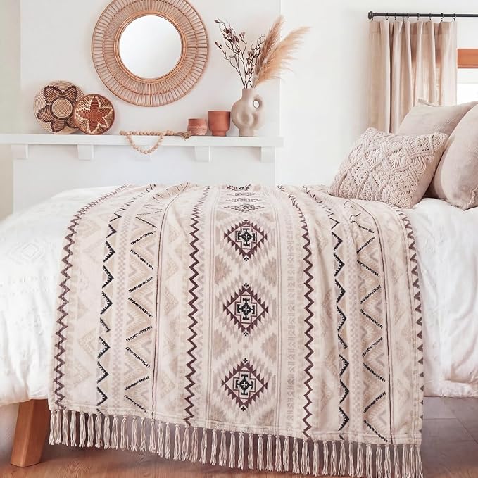 CASAAGUSTO Boho Throw Blanket - Beige and Gray Decorative Blankets with Tassel, Printed Flannel Bohemian Blanket for Chair, Bed, Sofa, Couch(60 * 80, Beige and Gray)