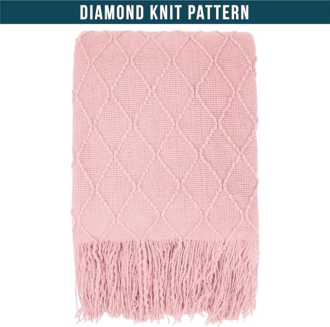 PAVILIA Light Pink Knit Throw Blanket for Couch, Twin Bed, Soft Knitted Farmhouse Sofa Throw for Living Room, Lightweight Decorative Summer Blanket for Chair, Outdoor Textured Boho Blanket, 60x80