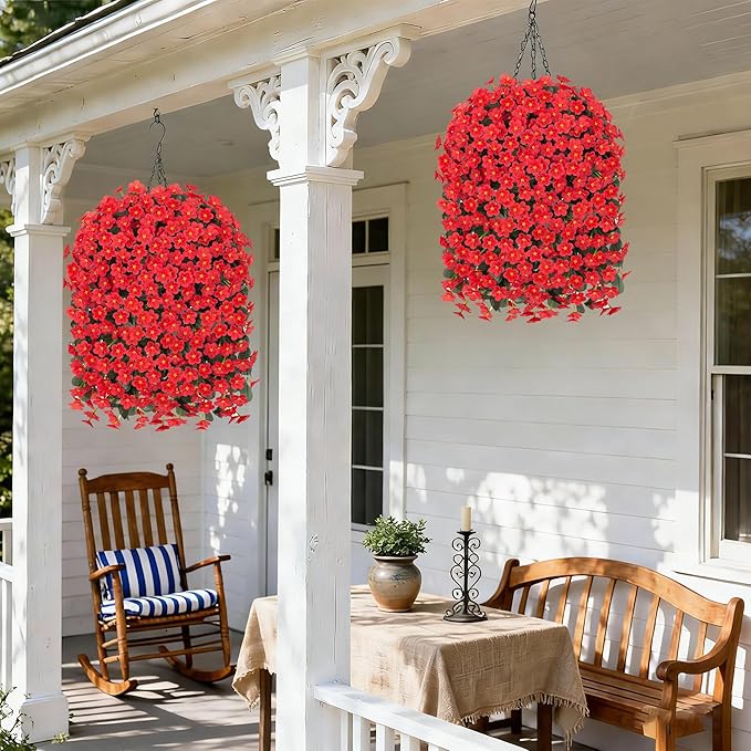 HyeFlora Artificial Fake Red Hanging Flowers Plants Basket for Outdoor Outside Winter Christmas Decor, Faux Silk Daisy Flower Look Real UV Resistant Orchid Vine Plant for Porch Garden Yard Patio Home