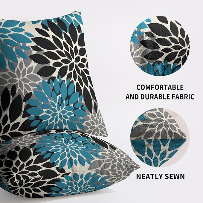 Black Turquoise Blue Pillow Covers 24X24 Inch Set of 2, Spring Summer Floral Dahlia Flower Cream Decorative Throw Pillow Covers Outdoor Modern Farmhouse Cushion Case for Home Couch Sofa Bed Decor
