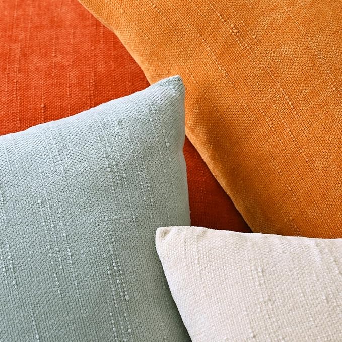 Set of 4 Soft Textured Decorative Throw Pillow Covers 18x18 Inch Cozy Farmhouse Cushion Cover Square Accent Pillow Cases for Bed Couch Sofa Living Room, Beige Aqua Burnt Orange