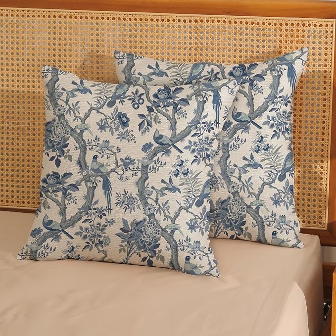 Chinoiserie Floral Birds Pillow Covers 18x18 Set of 2 Blue and Cream Spring Flower Decoratiove Pillowcase Vintage Outdoor Decor Throw Pillows for Couch Farmhouse Cushion Case for Home Sofa