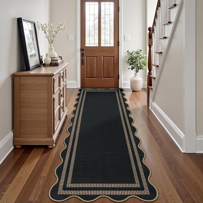 Scalloped Easy Jute Hallway Runner Rug, 2.6x8 Kitchen Non Slip Runner Washable Outdoor Indoor Long Rug, Farmhouse Morden Carpet for Porch Bedroom Laundry