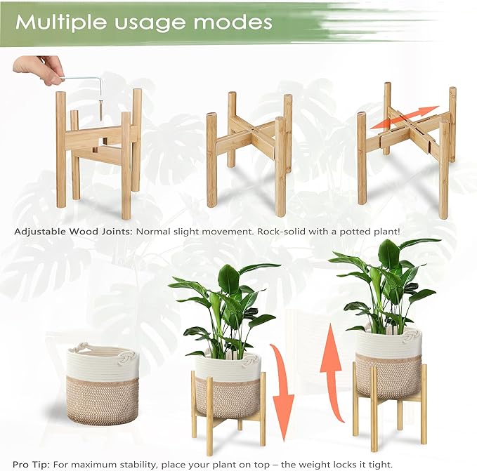 Flower Pot Rattan Plant Stand Planter with Stand, Tall Indoor Boho Woven Wicker Storage Basket with Adjustable Wood Shelf (White & Brown)