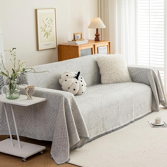 ROOMLIFE Gray Couch Cover Boho Sofa Covers for 3 Cushion Couch Washable, Furniture Protector Sofa Couch Cover for Dogs, Soft Breathable Sofa Slipcover, Couch Throw Blankets with Tassels 71''X134''