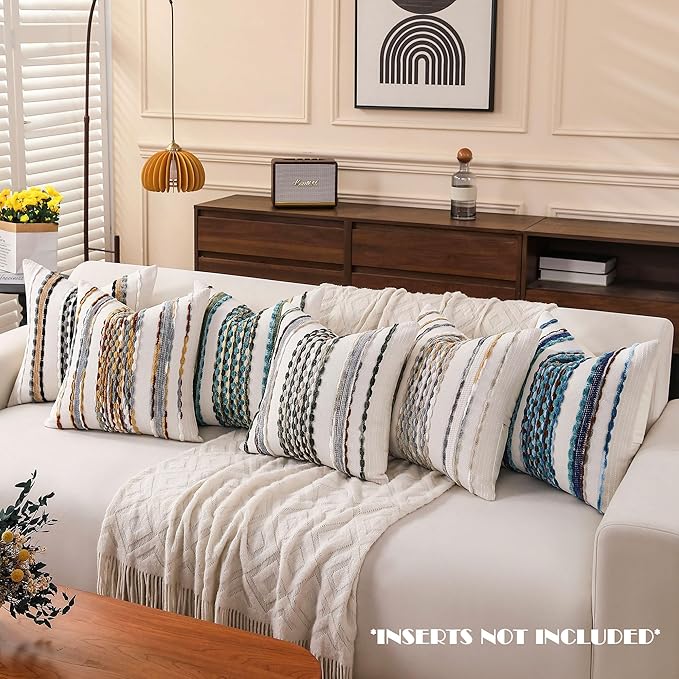 Boho Striped Throw Pillow Covers 18x18 Inch Set of 2 Farmhouse Square Decorative Pillow Covers Chenille Tufted Accent Neutral Pillowcase Teal Green Cushion Cover for Living Room Couch Sofa Bed