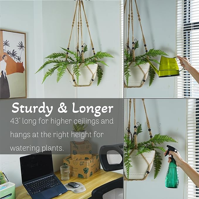 43 Inch Macrame Plant Hanger Large for up to 12 Inch Pot Extra Long Hanging Plant Holder No Tassels Jute Rope Hanging Planter Basket for Indoor Outdoor Boho Decor, Brown 1 Pack